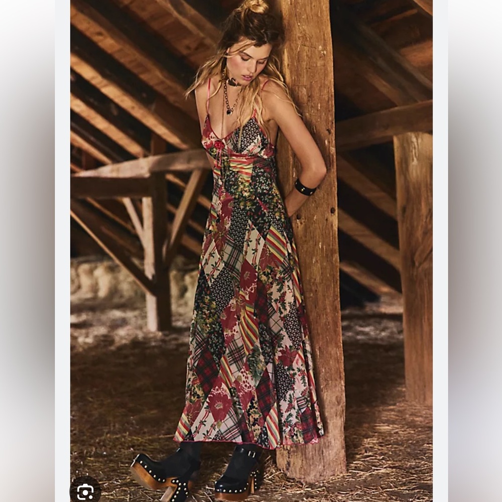 Free People Tis The Season Printed Patchwork Plaid Mistletoe Maxi Dress 8